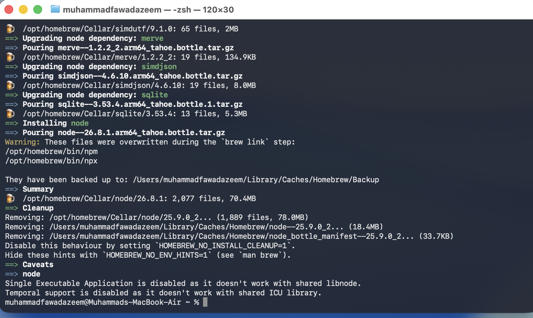 Terminal showing brew install node npm claude-code completing successfully