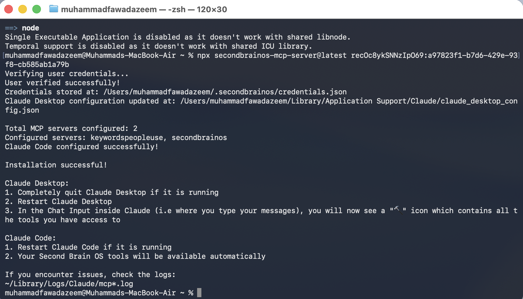 Terminal showing Second Brain OS installation successful confirmation