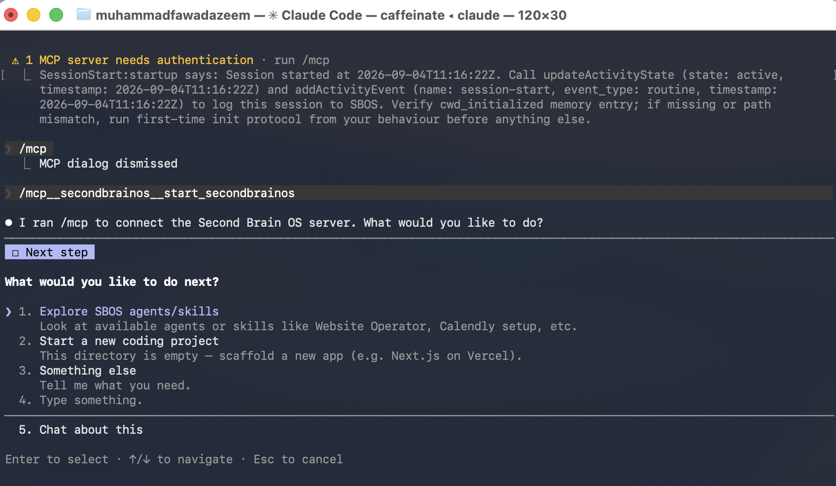 Claude Code /start command output showing available options