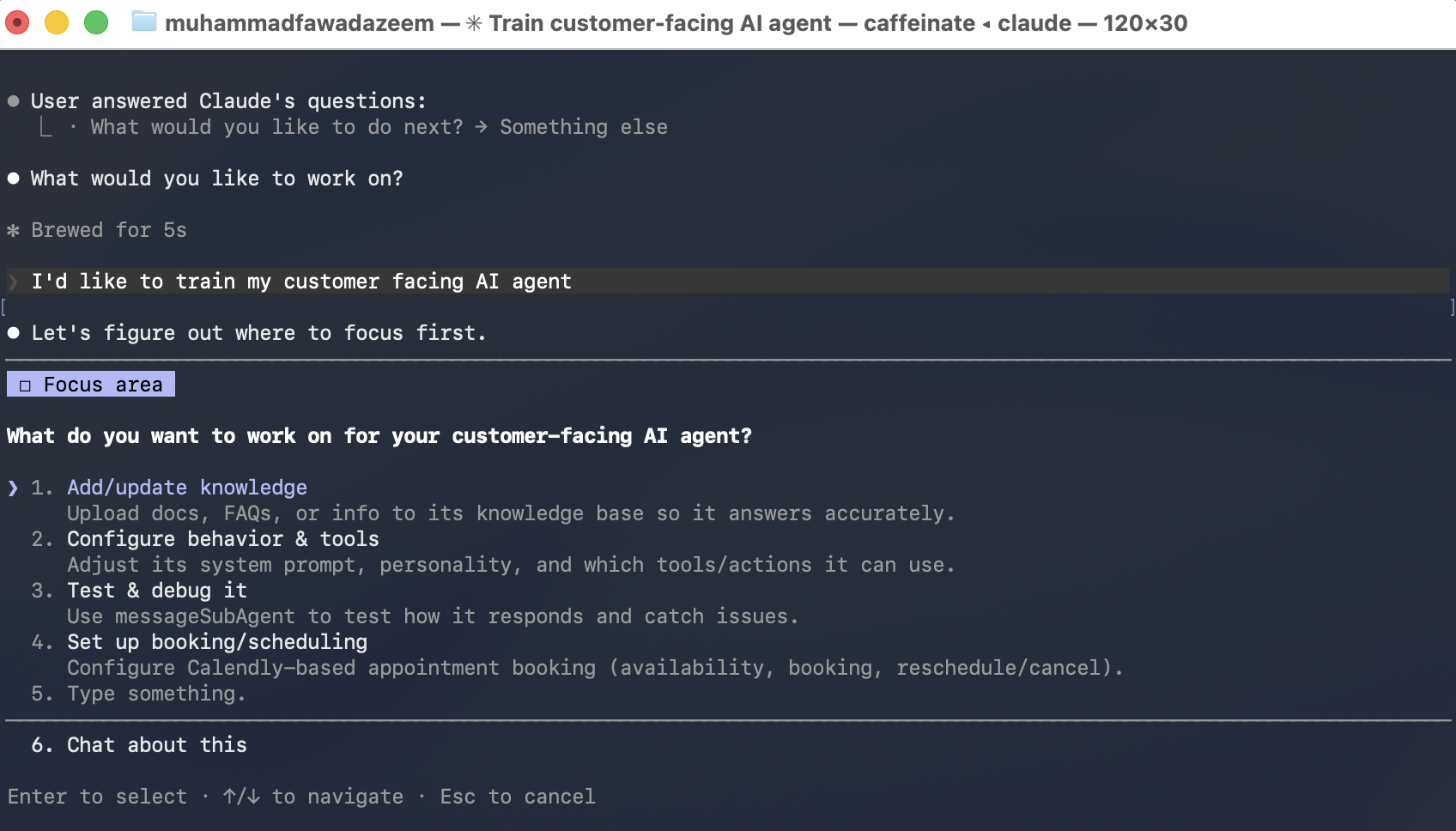 Claude Code responding to a request to train a customer facing AI agent