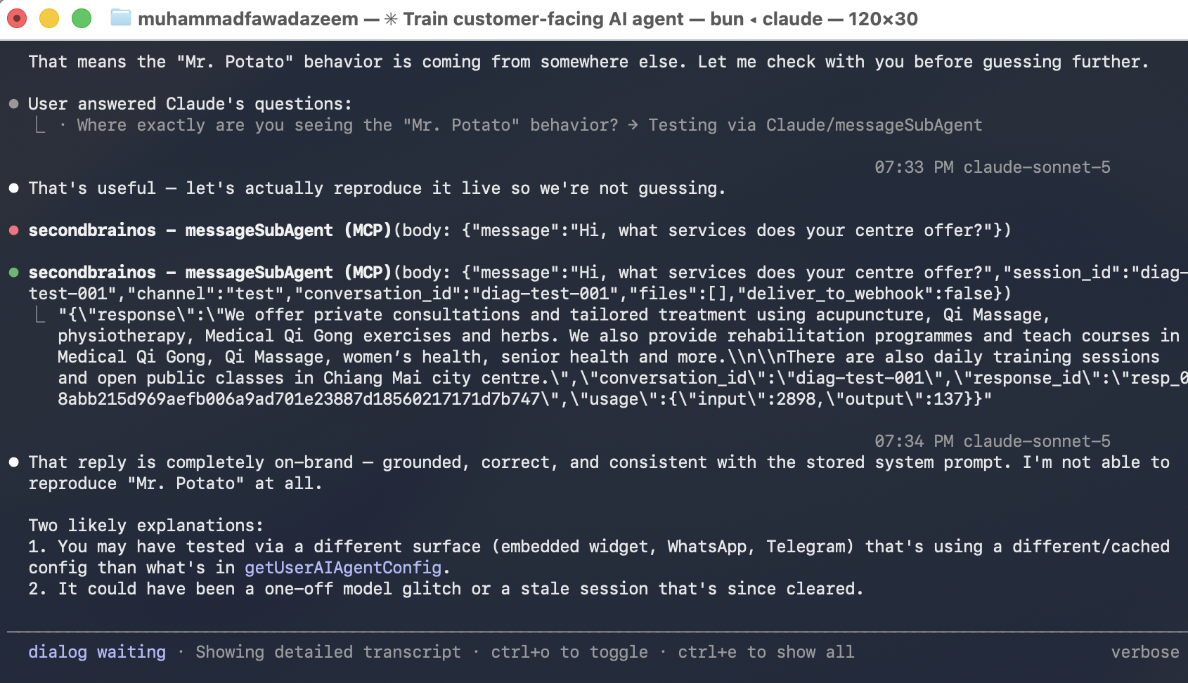 Ctrl+O expanded view showing the raw data sent to Second Brain OS