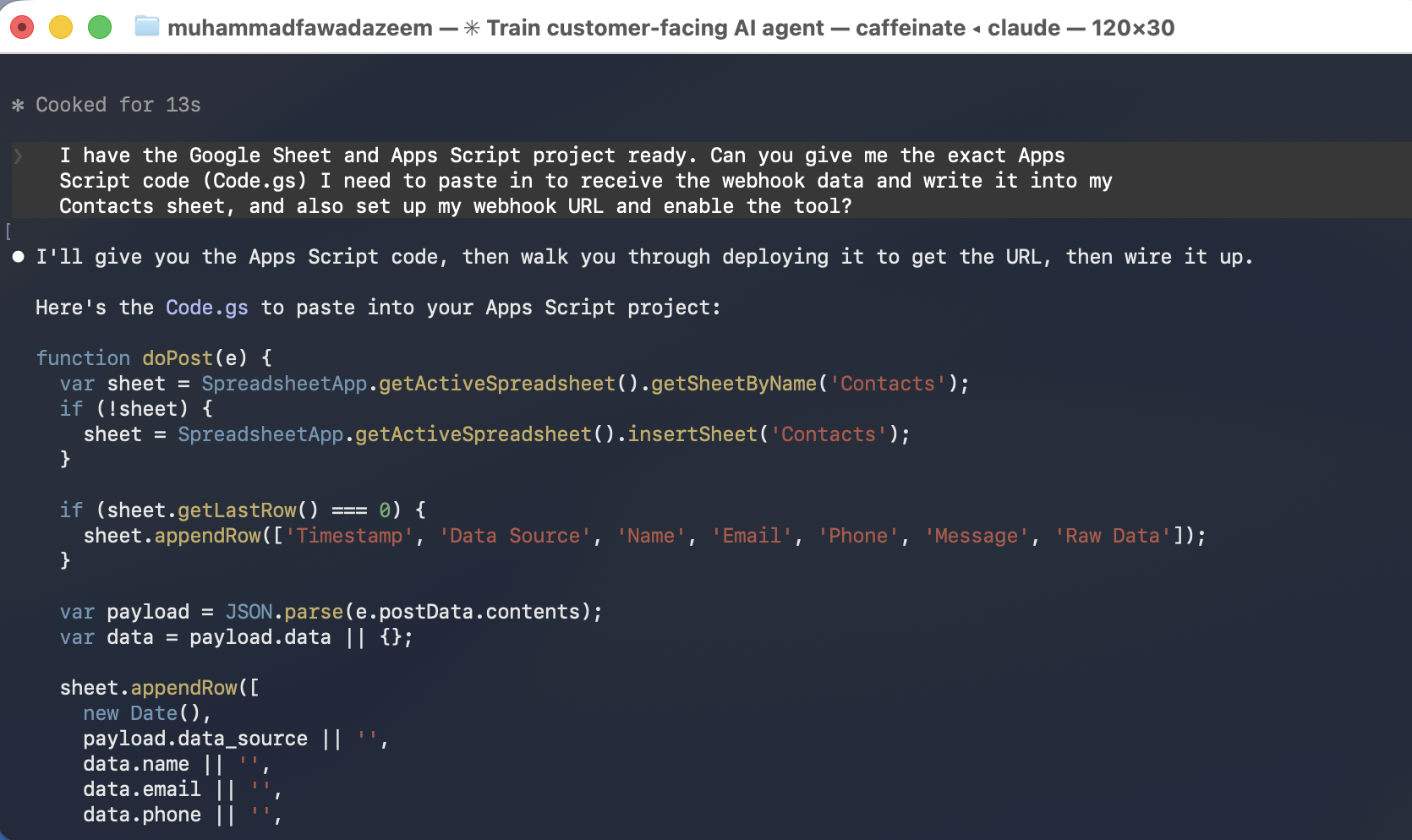 Claude Code enabling the Post to My Data Webhook tool and providing the Apps Script code