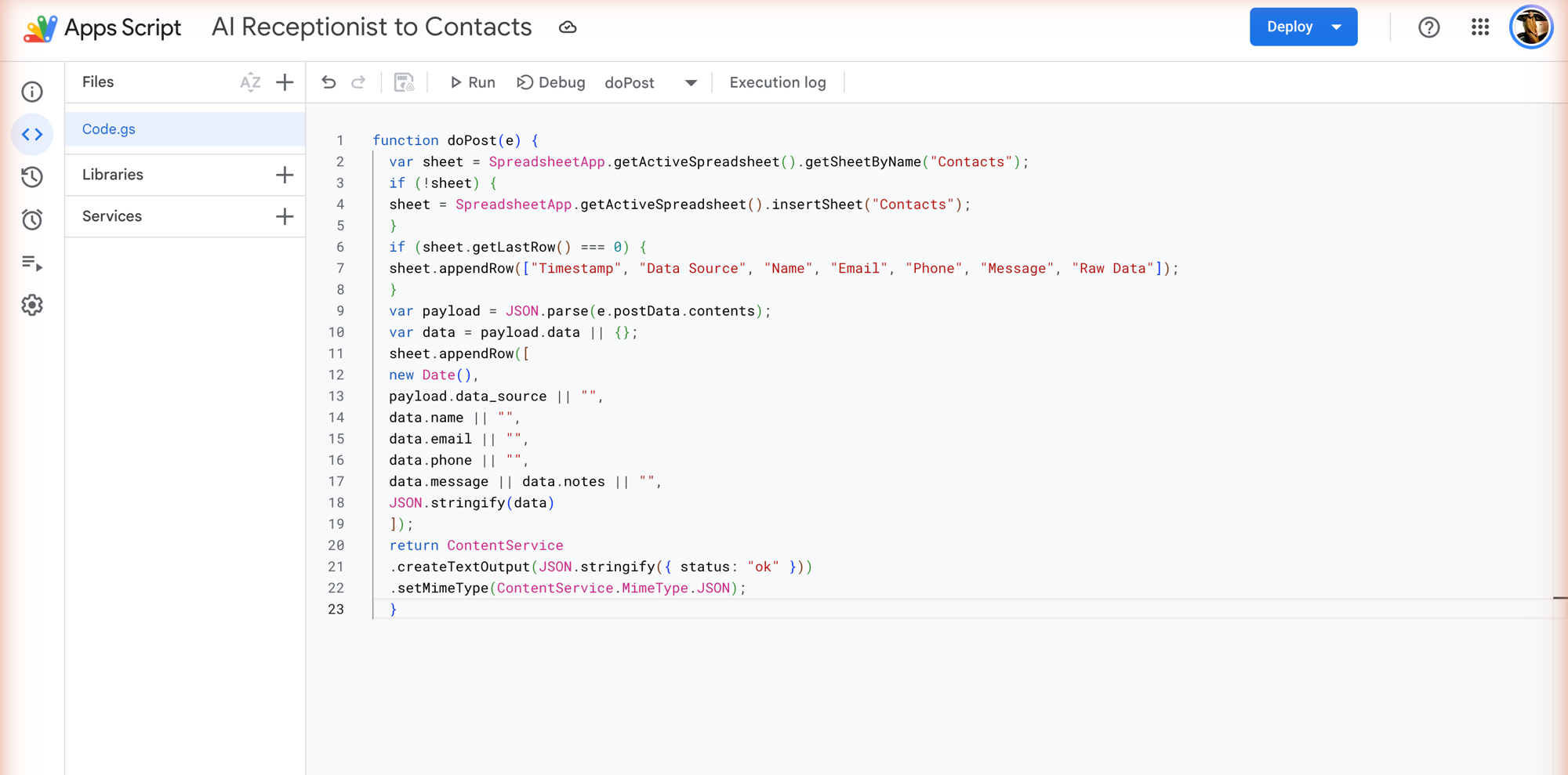 Apps Script editor showing example webhook code saved with no errors