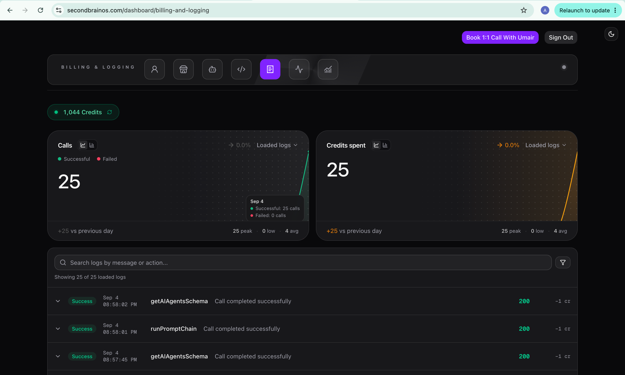 Second Brain OS billing and logging dashboard showing calls, credits spent and a scrollable log